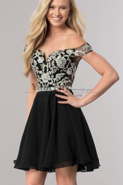 Black Off-the-Shoulder Homecoming Dress,Beaded-Bodice Mini Above Knee Dress sd-005-2
