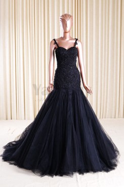 Black Tulle Mermaid Wedding dresses With Appliques  Actual Photo wd-015