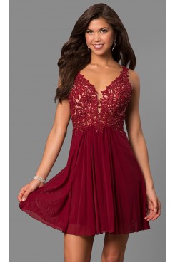 Burgundy Lace-Bodice Homecoming Dresses, Charming Above Knee Graduation Party Dresses sd-036-1