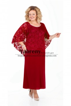 Burgundy Loose Women's Dresses Ankle-Length dress for Mother of the bride With Lace Cape mps-502-1