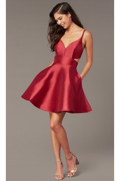 Burgundy V-Neck Homecoming Dress,A-line Above Knee Short Prom Dresses sd-043-2