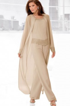Champagne mother of the bride pants set with long coat Three Piece mps-159