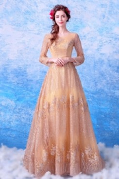 Champagne Sequined Fabrics Prom Dresses Long Sleeves Under $100 Evening Dresses TSJY-133