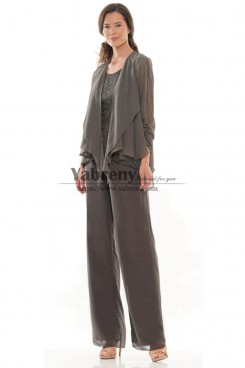 Charcoal Chiffon Formal Mother of the Bride Pant Suits, Women's 3 Piece Outfits mps-763-1