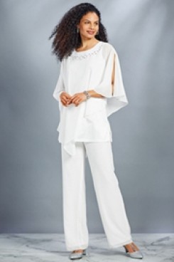 Chiffon Beach Mother of the bride Pant suit White wedding Trouser outfit mps-092