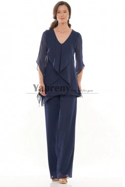 Dark Blue Chiffon Formal Mother of the Bride Pant Suit, Women's Two Piece Pant Suits mps-762-1