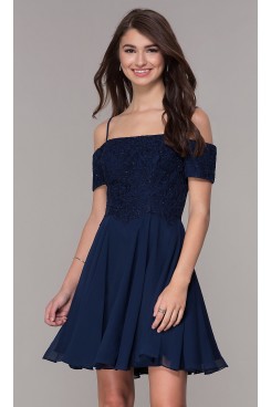 Dark Blue Off-Shoulder Short-Sleeve Corset Homecoming Dress, Above Knee Prom Dresses sd-040-2