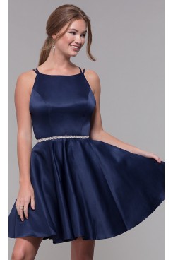 Dark Blue Satin Homecoming Dress,Under $100 A-line Short Party Dresses sd-042-2