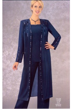 Dark navy chiffon Classic Mother of the bride pant suits with long coat mps-279