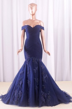 Dark Navy lace Off-the-shoulder Tailed Wedding dresses With Appliques wd-021-1