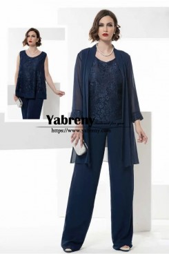 Dark Navy Three piece Mother Outfit for Wedding Grandmother of the Bride Pant suits with Jacket mps-682