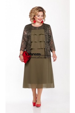 Khaki Tiered Mother of the Bried chiffon Dress with Lace Jacket mps-558
