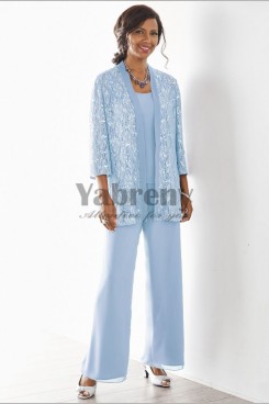2022 Spring Sky Blue Mother of the bride pant suits, 3 piece Lace Elastic waist pants outfit mps-181-1