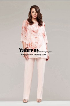 Elegantly Coral Floral Print Chiffon Mother of the Bride Pant Suits for Wedding Guests mps-702