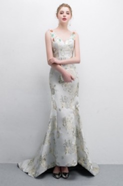 Embroidery Satin Court Train Prom dress With Hand beading so-018