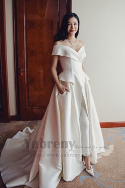 Fashion Bride Jumpsuits Dress Off the Shoulder Wedding Jumpsuits Dresses With Brush Train so-282