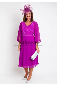 Fuchsia Flowy Sleeve Mother Of The Bride Dresses, Hand Beading Mid-Calf Women Dresses mps-804-3