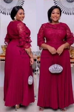 Plus Size Burgundy Lace Draped-Pleated Elegant Prom Dress with belt,Robe De Bal Grande Taille so-301