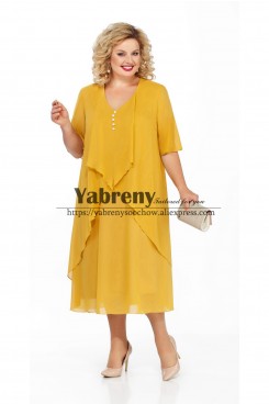 Gold Yellow larger size Mother of the Bride Dresses Tea-Length Plus Size Women Dresses mps-508