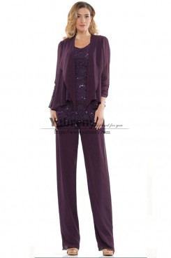 Charcoal Chiffon Formal Mother of the Bride Pant Suits, Women's 3 Piece Outfits mps-763-4