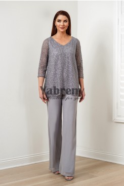Gray Lace Women's Pant Suits,2PC Mother Of The Bride Pant Suits, Abbigliamento femminile mps-581-4