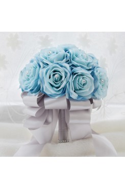 Gray Ribbon Sky Blue Artificial Flowers Rose for Bride Bouquet with Crystal