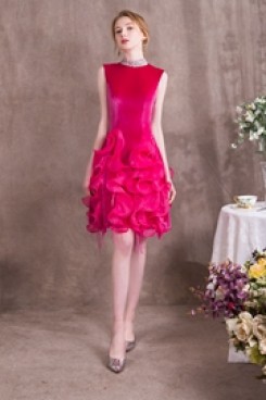 Rose Red Prom dresses Charming Ruffles High Collar Short dresses so-006