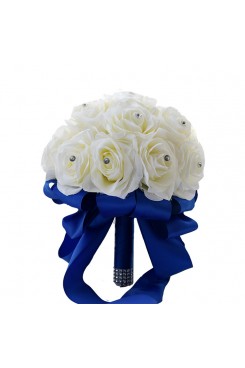 Ivory Artificial Flowers Rose for Bride Bouquet with Royal Blue Ribbon