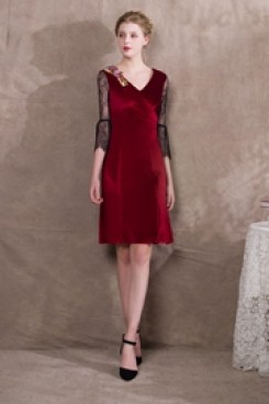 Burgundy Velvet Knee-Length Prom dresses Lace Sleeve so-024