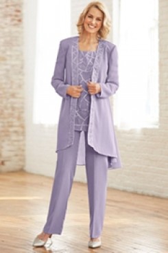 Lavender Chiffon Mother of the bride pant suit dress with Sequins Elastic waist Trouser mps-101