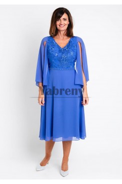 Light Royal Blue Flowy Sleeve Mother Of The Bride Dresses, Hand Beading Mid-Calf Women Dress mps-804-1