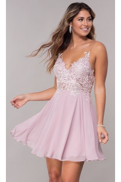 Lilac Lace Applique Bodice Graduation Party Dress,V-Neck Sexy Above Knee Prom Dresses sd-030-2