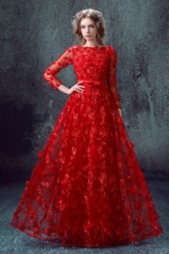 Long Sleeves Empire A-line Evening Dresses Red Floor-Length Prom Dresses TSJY-111