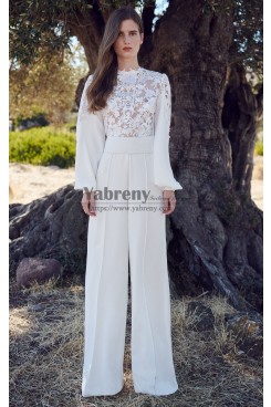 2022 Modern Lace Bodice Bridal Jumpsuits Wedding Dresses with Long Sleeves so-356