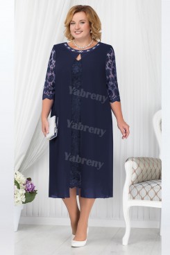 Navy Blue Mother Of The Bride Dress, Mid-Calf  Plus Size Women's Dresses mps-446-1