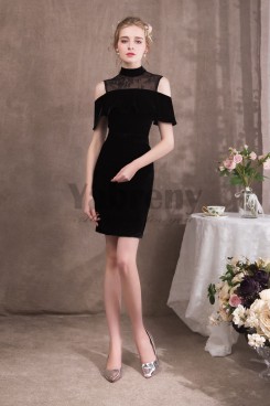 2020 Fashion Knee-Length Sheath Black Velvet Prom dresses so-049