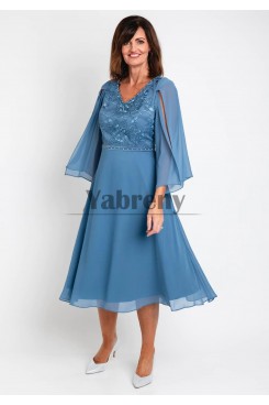 Ocean Blue Flowy Sleeve Mother Of The Bride Dresses, Hand Beading Mid-Calf Hand Beading Lace Women Dress mps-804-2