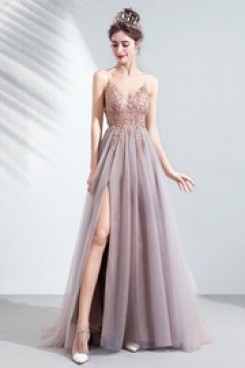 Pearl Pink Spaghetti Prom Dresses Glamorous Slit Evening Dresses TSJY-149