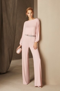 Pink cocktail jumpsuits dresses with Long Sleeves Beaded Belt so-177