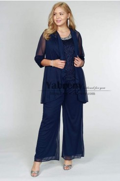 Plus Size Dark Navy Chiffon Trousers Outfit for Women Mother of the Bride Pantsuit With Jacket mps-541-7