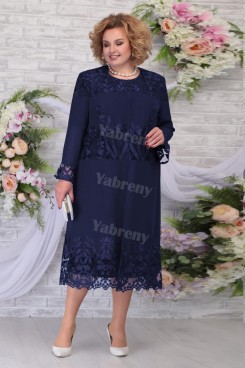 Plus Size Dark Navy Mother of the bride Dress Tea-Length Women's Dresses With Jacket mps-455-3
