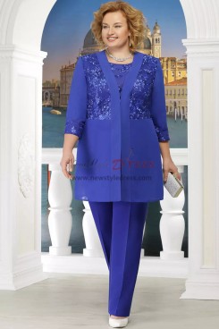 Royal blue Plus size Mother of the bride pant suit with Elastic waist 3PC Trousers sets mps-517