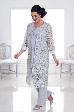 Plus size Mother of the bride pants suit Trousers Silver Gray Lace women's outfit mps-299