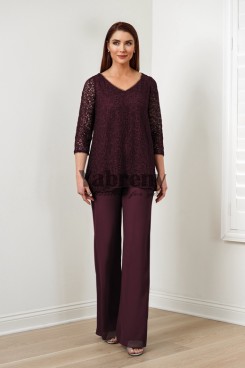 Purple Lace Women's Pant Suits,2PC Mother Of The Bride Pant Suits, Trajes de pantalón de mujer mps-581-2