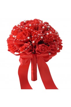 Red Artificial Flowers Rose Wedding Bouquet with Pearls for bride and bridesmaids