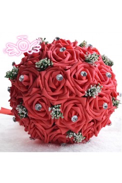 Red Artificial Simulation Rose flowers for bride and bridesmaids with Crystal