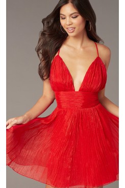 Red Chiffon Homecoming Party Dress,Sexy Deep V-Neck Short Dress sd-011