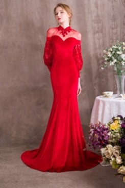 Red Court Train Prom dresses With puff sleeve so-010
