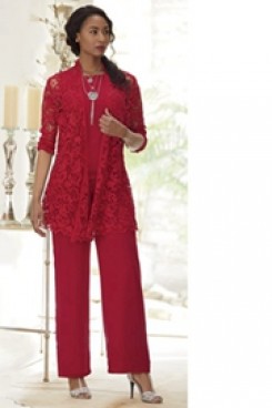 Red Lace Mother of the bride pant suit dress 3-PC Elastic waist Trouser set mps-104