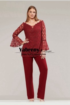 Red Lace Mother of the Bride Pant Suits Dresses Blouse with Trumpet Sleeves mps-710